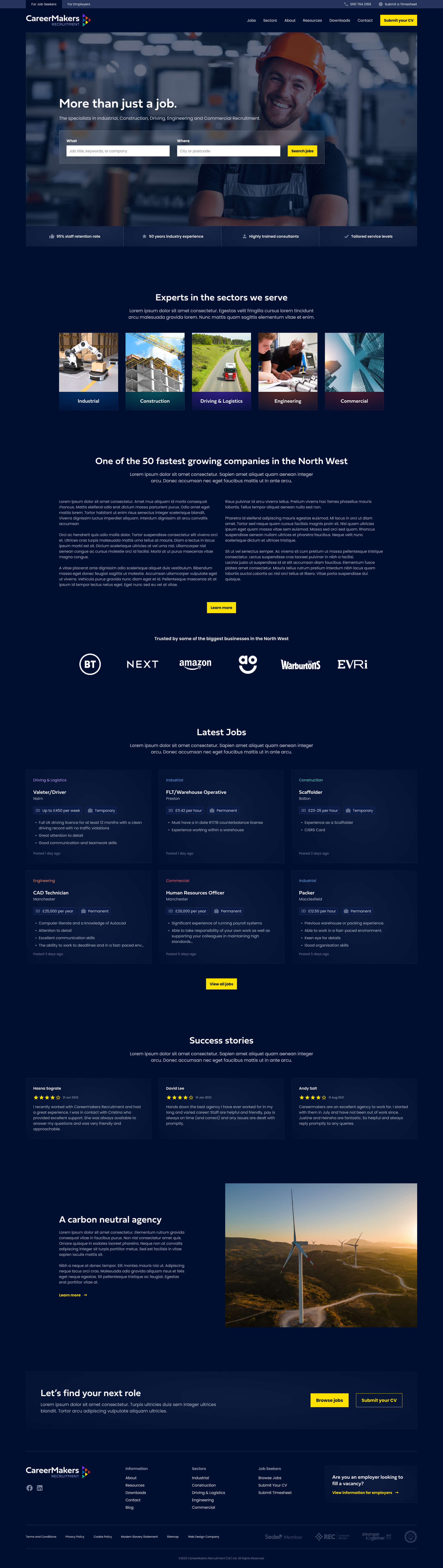 Full homepage design for CareerMakers Recruitment, featuring a smiling construction worker in the hero section with a job search form. The layout includes sector cards, client logos, job listings, testimonials, a section on sustainability, and a clear call-to-action.