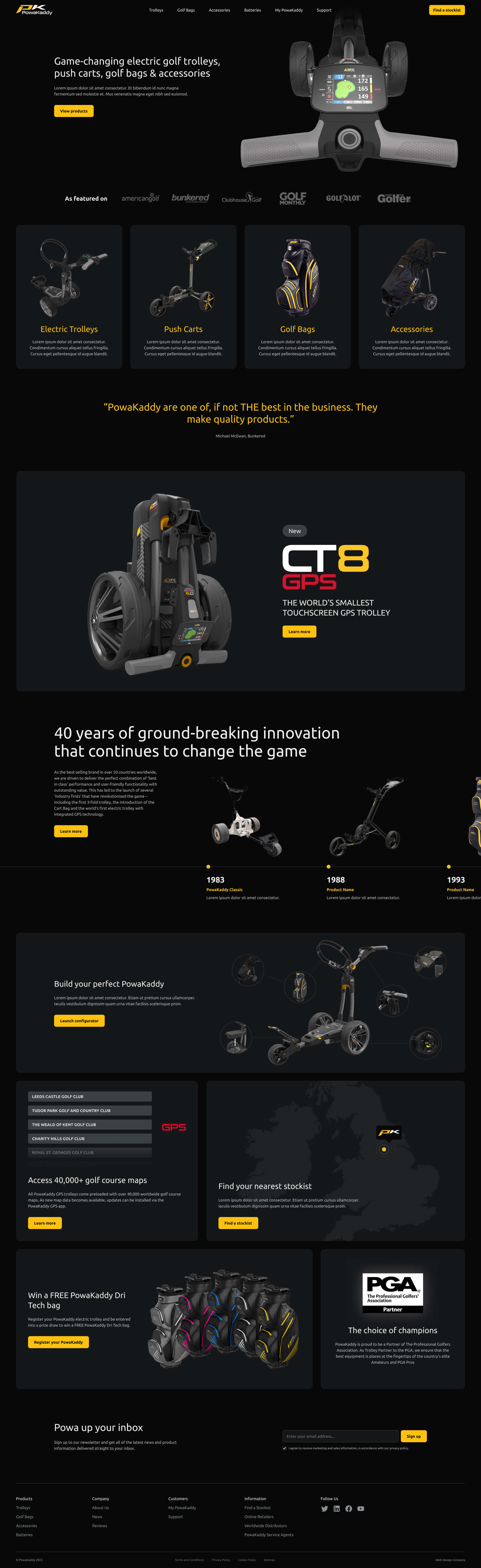 Homepage design for PowaKaddy showcasing electric golf trolleys and accessories. The hero section features a close-up of a trolley handle with digital display, followed by product highlights, featured models, customer testimonial, company timeline, and stockist locator.