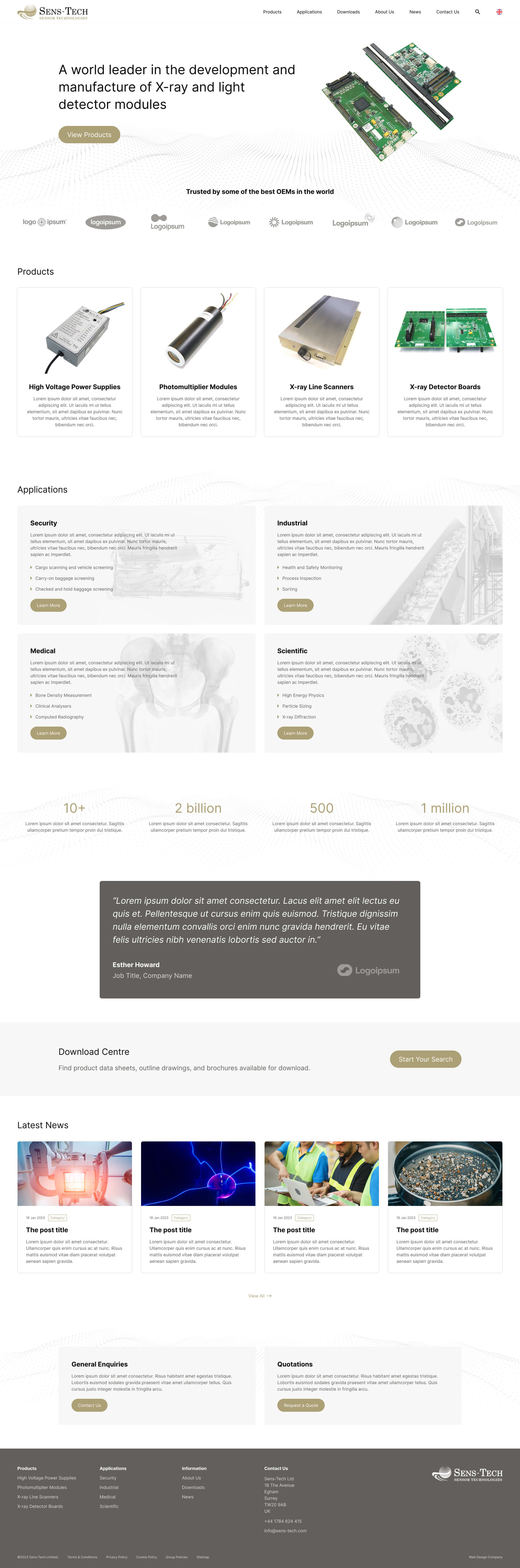Clean, modern homepage for Sens-Tech, a manufacturer of X-ray and light detector modules. Includes product imagery, application types, stats, testimonials, a download centre, and recent news, all presented in a minimalist white and gold design.