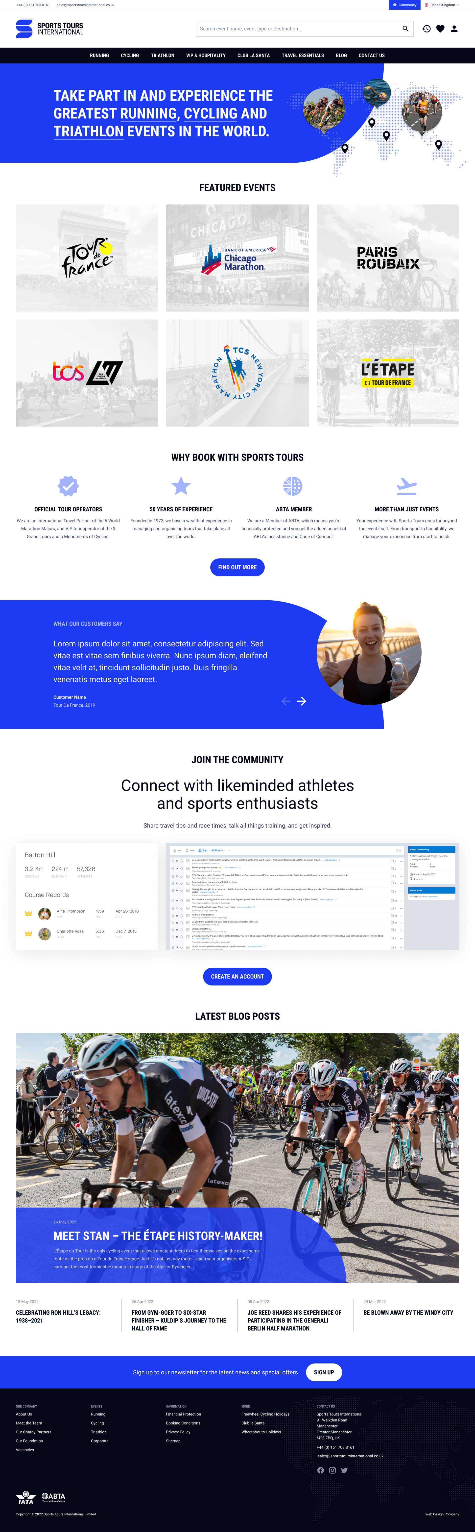 Homepage for Sports Tours International promoting global running, cycling, and triathlon events. Features a bold hero with call-to-action, event information, booking benefits, community forum, blog posts, and social proof elements across a blue and white interface.